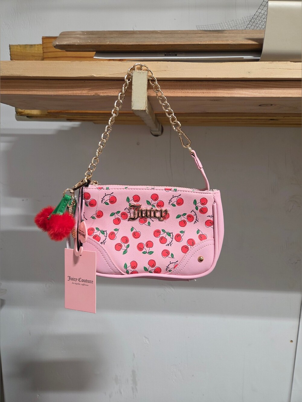 Juicy Couture Pink Cherry-Print Mini Chain Handle Bag with Pom Charm